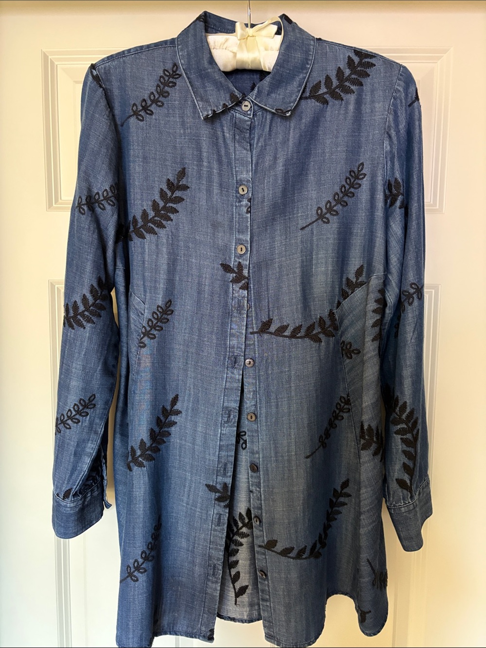 Soft Surroundings Blue Denim Tunic with Black Leaf Embroidery